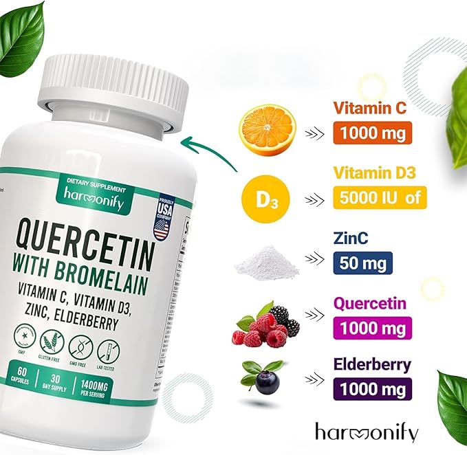 Quercetin with Bromelain, Immune Blend Supplements with Zinc Elderberry Vitamin C & D 5000 IU, Artemisinin, Irish Sea Moss, Echinacea, Garlic, Turmeric, Reishi and Ginger Powder, 1400 mg