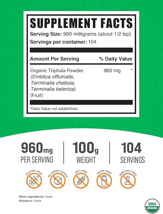 BulkSupplements.com Organic Triphala Powder - Triphala Supplements with Amla, Haritaki, and Bibhitaki - Gluten Free, 960mg per Serving, 100g (3.5 oz) (Pack of 1)