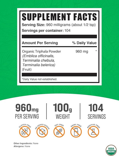 BulkSupplements.com Organic Triphala Powder - Triphala Supplements with Amla, Haritaki, and Bibhitaki - Gluten Free, 960mg per Serving, 100g (3.5 oz) (Pack of 1)