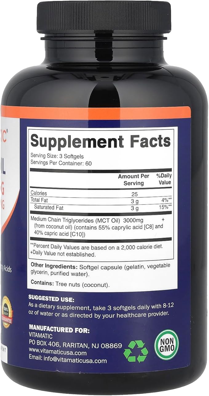 Vitamatic MCT Oil 3000 mg per Serving - 180 Softgels - from Coconut Oil - Contains 55% caprylic Acid C8 and 40% capric Acid C10