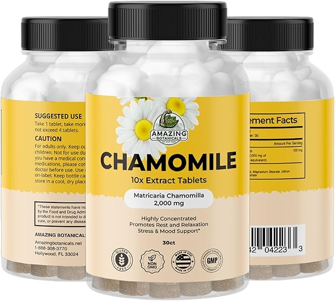 Organic Chamomile Extract Tablets - Matricaria Chamomilla Plant-Based Supplement - 10x Extract 2000 MG Each - Promotes Relaxation - 30 Tablets