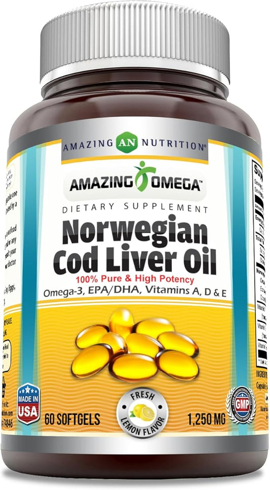 Amazing Omega Norwegian Cod Liver Oil 1250 Mg Softgels Supplement | Omega-3, EPA, DHA, Vitamin A, Vitamin D & Vitamin E (Lemon | 60 Count)