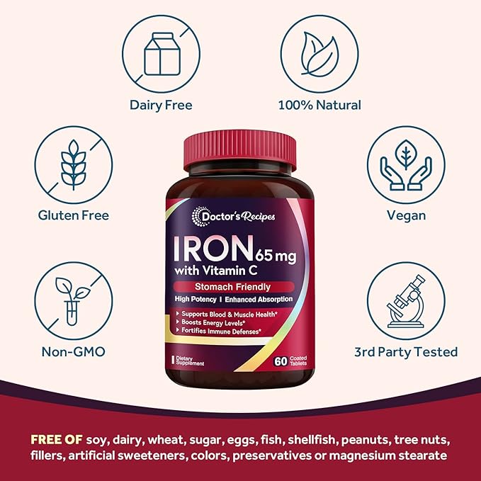 Doctor's Recipes Iron Supplement 65 mg with Vitamin C - Maximized Absorption & Stomach Friendly Iron Pills for Red Blood Cells Formation, Heart, Brain & Immunity Health - Vegan 120 Tabs (Pack of 2)