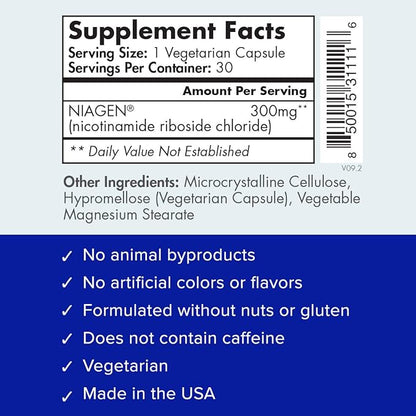 TRU NIAGEN Patented NAD Supplement for Anti Aging and Cell Regeneration, 300mg Niagen, 30 Servings | Supports Cellular Energy, Brain, Muscle | Nicotinamide Riboside (NR) Take 1 Daily | 2 Bottles