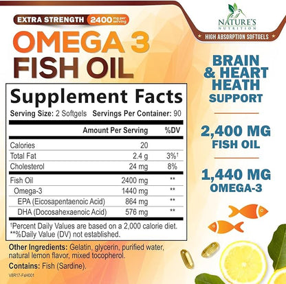 Triple Strength Omega 3 Fish Oil - 2400 mg Natural Omega-3 Supplements Support Brain, Heart & Joint Health with EPA & DHA Essential Fatty Acids - Lemon Flavor, Burpless, Wild Caught - 180 Softgels