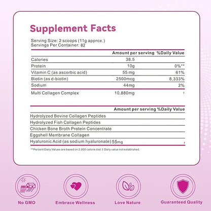 Multi Collagen Protein Powder, 2lbs-Unflavored, with Hyaluronic Acid & Vitamin C, Skin, Hair & Joint Support, 32 Oz
