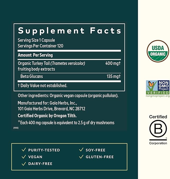 Gaia Herbs Turkey Tail Mushroom - Immune Support Supplement to Help Maintain Liver Health - with Organic Turkey Tail Mushroom Fruiting Body Extract - 120 Vegan Capsules