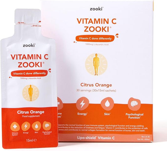 YourZooki Liposomal Vitamin C Zooki 1000mg Liquid Sachets - Alchohol Free, Vegan, Soy Free, Natural Ingredients - Immune System, Skin & Energy Support (Citrus Orange, 30 Count (Pack of 1))