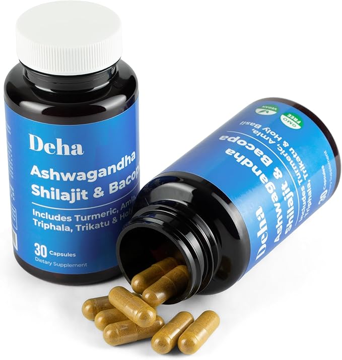 Ashwagandha Shilajit Bacopa Capsules Stress Support, Cognitive Support, Digestive Health with Turmeric, Amla & Triphala – GMP Certified, Non-GMO, Vegan – 30 Count