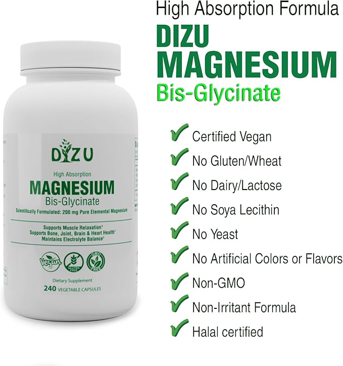 Dizu - Magnesium Bisglycinate 200 mg, Pure Elemental Chelated Complex, Supports Sleep, Muscle, Bone, Heart & Energy Metabolism, with Glycine & Oxide, Vegetable Capsules