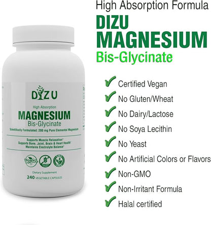 Dizu - Magnesium Bisglycinate 200 mg, Pure Elemental Chelated Complex, Supports Sleep, Muscle, Bone, Heart & Energy Metabolism, with Glycine & Oxide, Vegetable Capsules