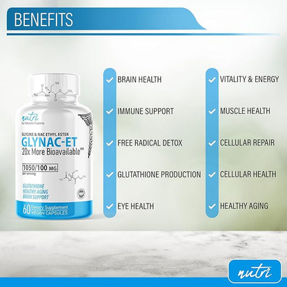 GlyNAC-ET NAC Supplement N-Acetyl Cysteine Ethyl Ester - 20x More Bioavailable Than GlyNAC - Glycine & N-acetylcysteine Ethyl Ester Anti Aging Supplement, Boost Glutathione (60 Capsules)