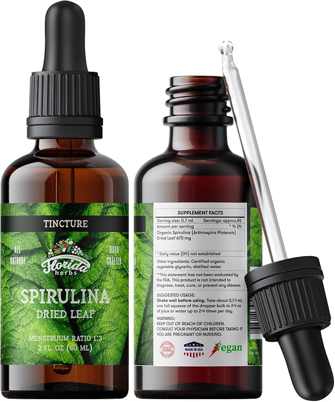 Spirulina Tincture, Organic Spirulina Extract (Arthrospira Platensis) Herbal Supplement, Non-GMO in Cold-Pressed Organic Vegetable Glycerin, 700 mg, 2 oz (60 ml)