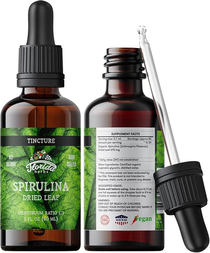 Spirulina Tincture, Organic Spirulina Extract (Arthrospira Platensis) Herbal Supplement, Non-GMO in Cold-Pressed Organic Vegetable Glycerin, 700 mg, 2 oz (60 ml)