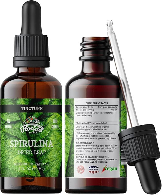 Spirulina Tincture, Organic Spirulina Extract (Arthrospira Platensis) Herbal Supplement, Non-GMO in Cold-Pressed Organic Vegetable Glycerin, 700 mg, 2 oz (60 ml)
