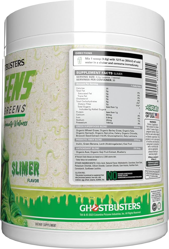 EHP Labs x Ghostbusters OxyGreens Super Greens Powder - Spirulina & Chlorella Superfood, Green Juice Powder with Prebiotic Fibre, Antioxidants & Immunity Support, 30 Serves (Slimer Lime)