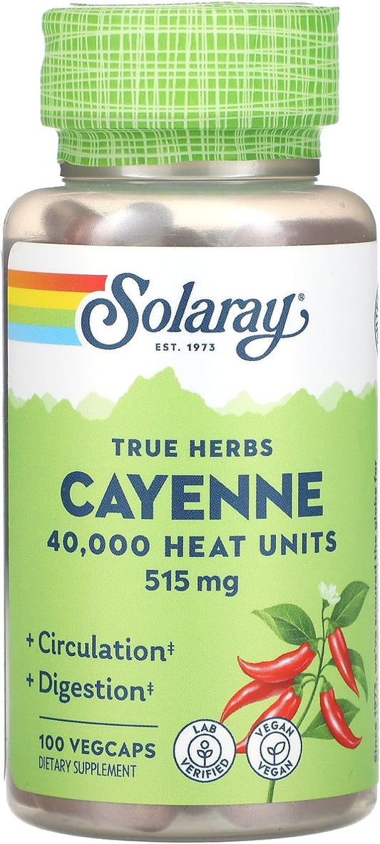 SOLARAY Cayenne Pepper 515 mg | 40,000 Heat Unit | Healthy Digestion, Circulation, Metabolism & Cardiovascular Support | Non-GMO | 100 VegCaps