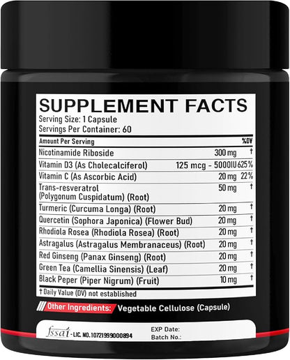 11in1 NAD+ Supplement with Nicotinamide Riboside, Quercetin, Resveratrol and 8 More - 2 Month Supply