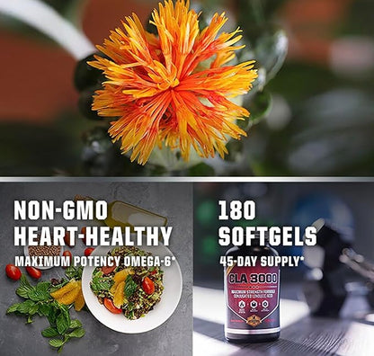 CLA 3000 - CLA Safflower Oil for Metabolism and Weight Loss Management, Maximum Strength Conjugated Linoleic Acid, Stimulant-Free Non-GMO Safflower Cla 180 Softgels