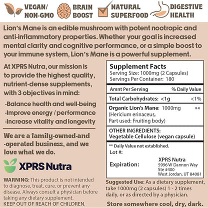 XPRS Nutra Organic Lions Mane Supplement Capsules - 360 Count (180 Day Supply) of Premium Lion's Mane Mushroom Capsules for Mental Clarity, Cognition and Immunity Lions Mane Powder Capsules
