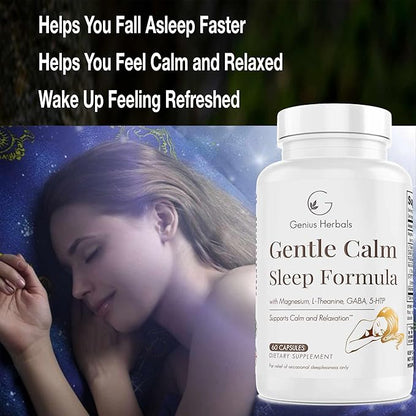 Gentle Calm Sleep Formula with Magnesium, L-Theanine, Melatonin, GABA, 5-Htp | Sleep Aid | Non-GMO - 60 Capsules
