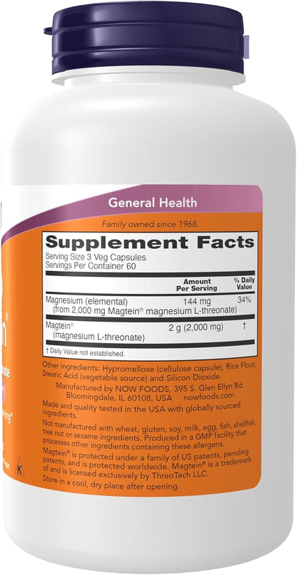 NOW Foods Supplements Magtein, Magnesium L-Threonate, Cognitive Support*, 180 Veg Capsules