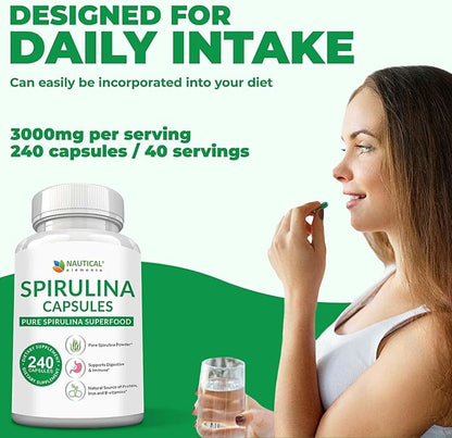 Spirulina Capsules 3000mg - 40 Servings Of Organic Spirulina Capsules - Rich in Protein, Antioxidants & Vitamins - 240 Organic Espirulina Powder - Supports Immune & Cardiovascular Health