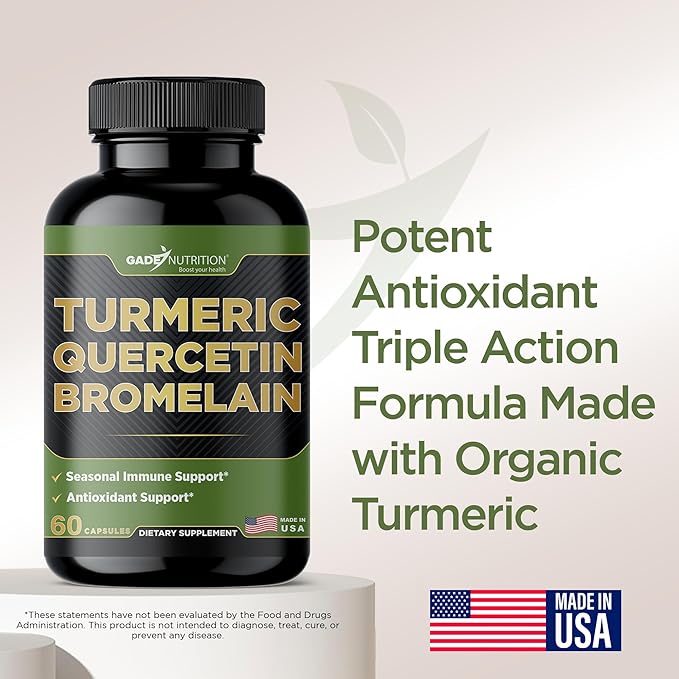 Gade Nutrition Turmeric Quercetin with Bromelain Supplement | Turmeric Supplement with Quercetin 500mg Capsules for Immune Support, Allergy Relief, Joint Support, Made in USA