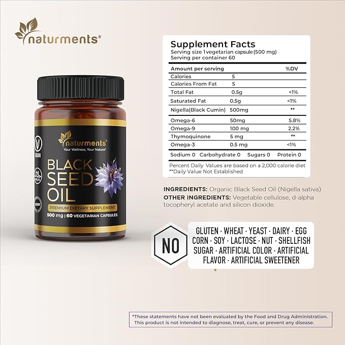 Naturments Premium Black Seed Oil Vegetarian Capsules 100% Organic Unrefined Non GMO Cold Pressed Extra Virgin Nigella Sativa Pure Halal Kalonji Oil - 60 Capsules (500 mg Each)
