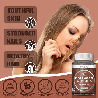 WXW Collagen Gummies - Unflavored - Type 1 & 3 Collagen Peptides for Women with Biotin, Vitamin C, E for Hair Skin and Nails & Joint Support - 60 Count