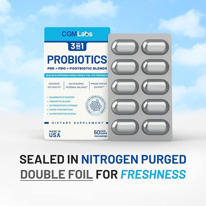 Probiotics 3 in 1 - Prebiotics + Probiotics + Postbiotics All in one! Nitrogen Purged, Individually Packed in Double-foil Blister for Freshness - 60 Veg caps by CGM Labs