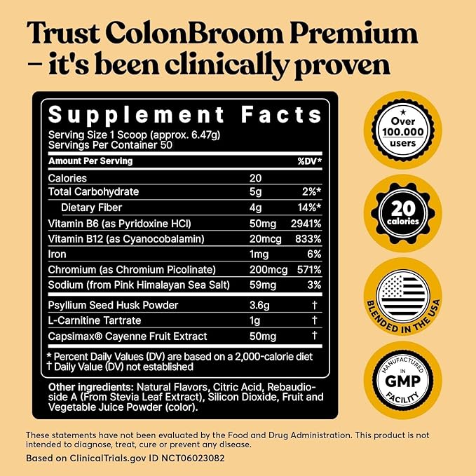 ColonBroom Premium Powder Supplement (Strawberry) - Colon Broom Psyllium Husk Fiber Powder Drink - Gluten Free, Non-GMO Colon Cleanse for Bloating Relief & Gut Health, 50 Servings
