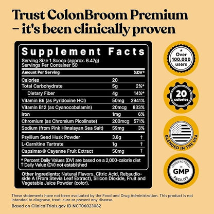 ColonBroom Premium Powder Supplement (Strawberry) - Colon Broom Psyllium Husk Fiber Powder Drink - Gluten Free, Non-GMO Colon Cleanse for Bloating Relief & Gut Health, 50 Servings