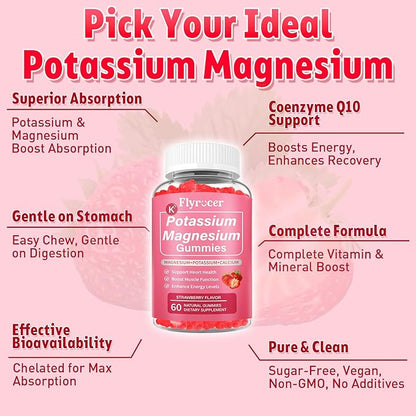 2 Pack Potassium Magnesium Gummies for Men & Women, Potassium Magnesium Supplement for Leg Cramps, Muscle Health, & Electrolyte Balance, Strawberry Flavor, 120 Gummies
