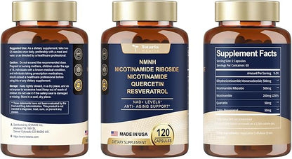 NMNH (Dihydronicotinamide Mononucleotide), NMN Alternative Supplement w/Niacinamide (Vitamin B3), Quercetin, Trans-Resveratrol, Support NAD+, Skin Cell Health*, Anti-Aging & Energy, 120 Caps