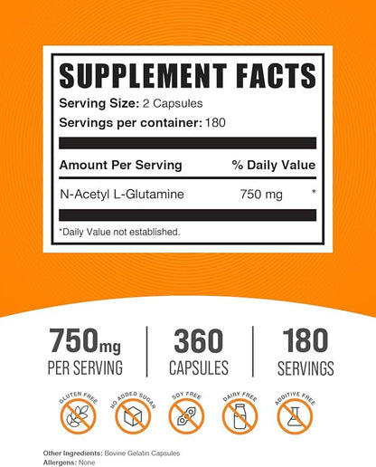 BulkSupplements.com N-Acetyl L-Glutamine Capsules - Glutamine Supplement, Glutamine 750mg - for Gut Health, Gluten Free, 2 Capsules per Serving, 360 Capsules (Pack of 1)
