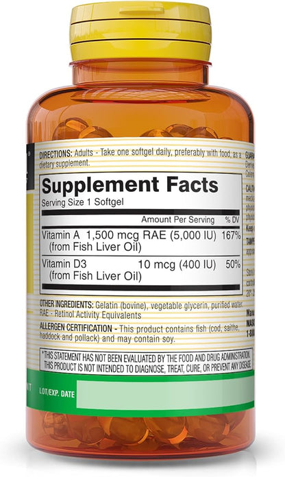 MASON NATURAL Vitamins A & D3 from Fish Liver Oil - Healthy Vision and Immune Health, Improved Muscle and Nerve Function, 100 Softgels