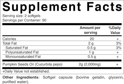 Vitamatic Pumpkin Seed Oil 2000mg Softgel Capsules per Serving - 180 Softgels - 1000mg per softgel