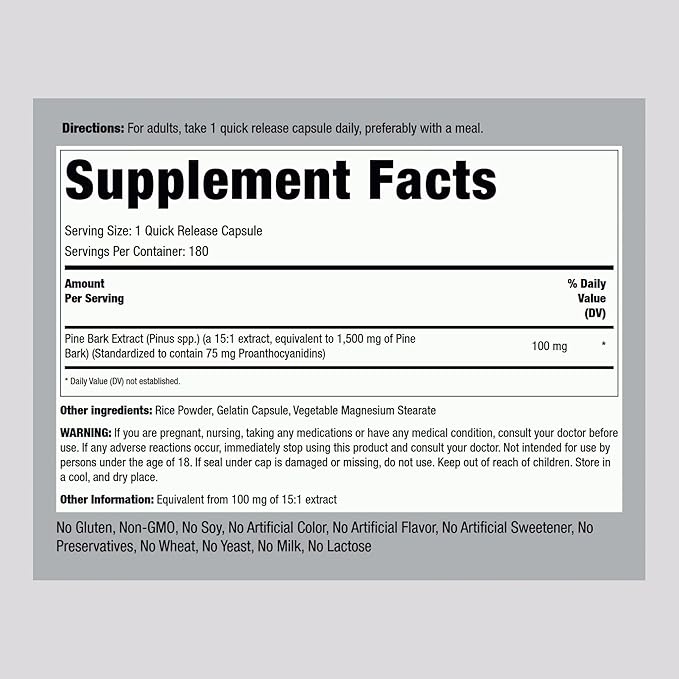 Piping Rock Pine Bark Extract Capsules | 1500mg | 180 Count | Non-GMO, Gluten Free Supplement
