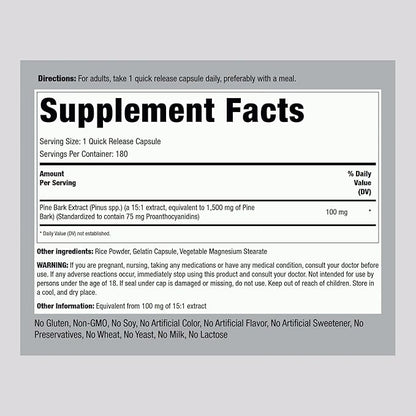 Piping Rock Pine Bark Extract Capsules | 1500mg | 180 Count | Non-GMO, Gluten Free Supplement