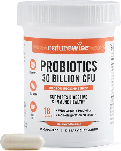 NatureWise Max Probiotics for Women & Men - 30 Billion CFU 18 Strains + Organic Prebiotics - For Gut & Digestive Health - Vegetarian, Delayed-Release Capsules, Gluten Free - 30 Capsules[30-Day Supply]