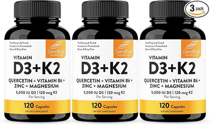 Vitamin D3 K2 5000 IU 120 Capsules (Pack of 3)| with Zinc, Magnesium & Quercetin | 5000IU of D3, 120mcg K2 | Superior Absorption, Supports Natural Energy, Immune, Bone & Muscle Health for Men & Women