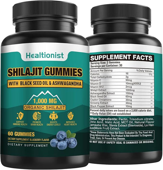 1 Packs 1000 MG Shilajit Supplement Gummies with 85+ Trace Minerals, Fulvic Acid, Pure Organic Shilajit Himalayan Gummy for Men & Women, Energy, Brain, Immunity Suport - 60 Counts