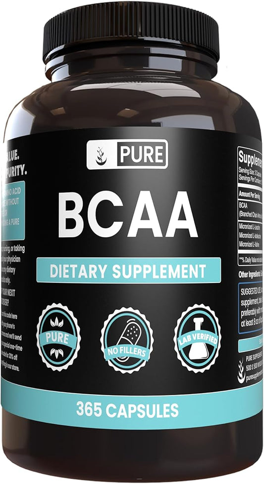 Pure Original Ingredients BCAA No Magnesium Or Rice Fillers, Always Pure, Lab Verified (365 Capsules)