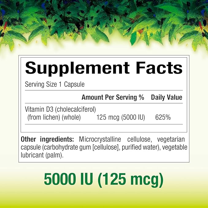 Natural Factors Whole Earth & Sea Vitamin D3 125mcg (5,000 IU), Vegan Bioenhanced, 60 Vegetarian Capsules