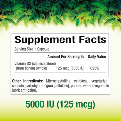 Natural Factors Whole Earth & Sea Vitamin D3 125mcg (5,000 IU), Vegan Bioenhanced, 60 Vegetarian Capsules
