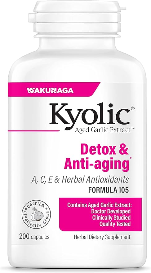 Kyolic Aged Garlic Extract Formula 105, Detox & Anti-Aging, 200 Capsules (Packaging May Vary)