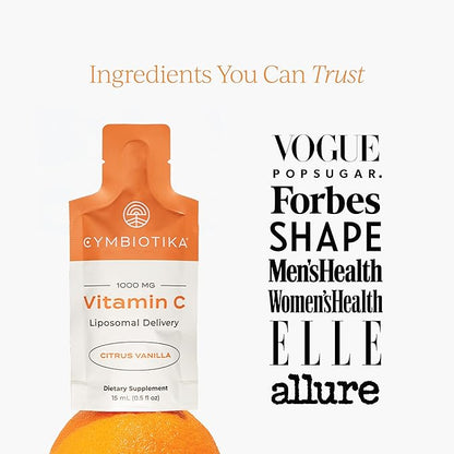 CYMBIOTIKA Vitamin C Individual Packets, Liposomal Delivery, Supplement for Immune Support, Collagen Boost, & Healthy Aging, Skin Hydration Packets, Citrus Vanilla Flavor, 60 Servings, 2pck (2)
