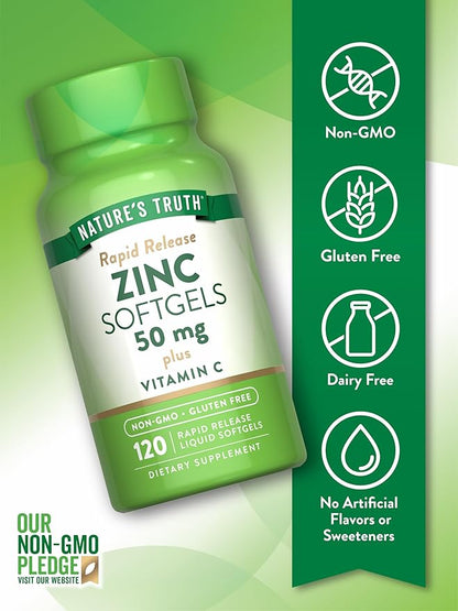 Nature's Truth Zinc with Vitamin C | 50mg | 120 Softgels | Non-GMO & Gluten Free Supplement