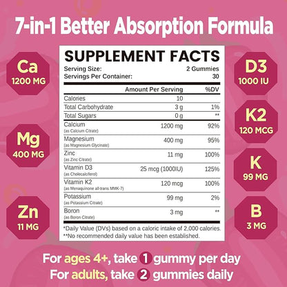 Calcium Citrate Gummies 1200 mg, Chewable Calcium Supplements for Women & Men with Vitamin D3, K2, Magnesium, Zinc, Potassium, Boron, Sugar-Free, Vegan, Immune & Bone Support, 60 Gummies